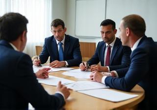 People in a meeting discussing policy documents