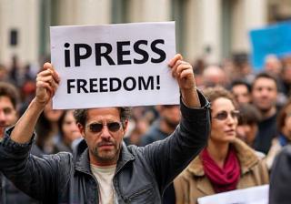 People holding signs at a press freedom rally